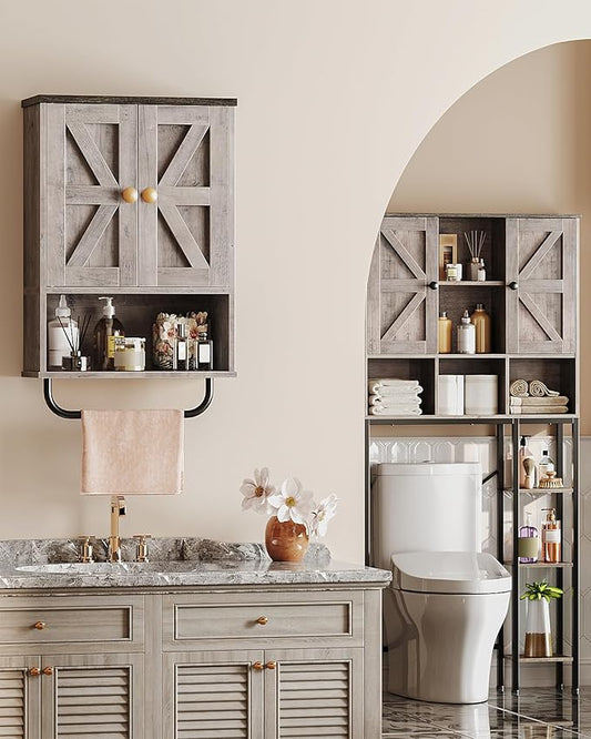 Bathroom Wall Cabinet, Medicine Cabinet with Open Partition and Towel Bar, Rustic Storage Cabinet with Open and Hidden Storage Space, for Bathroom, Living Room, Greige and Charcoal Black