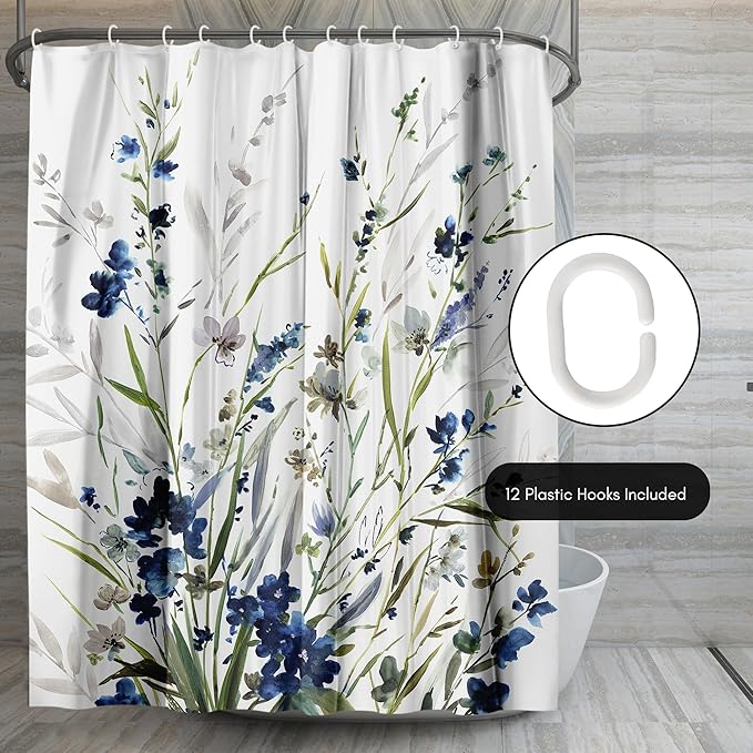Americanflat 71x74 Floral Shower Curtain - Water-Resistant Long Shower Curtain with Durable Metal Grommets and 12 Hooks - 100% Polyester - Botanical Bathroom Curtains - Blue, Green, Taupe and White
