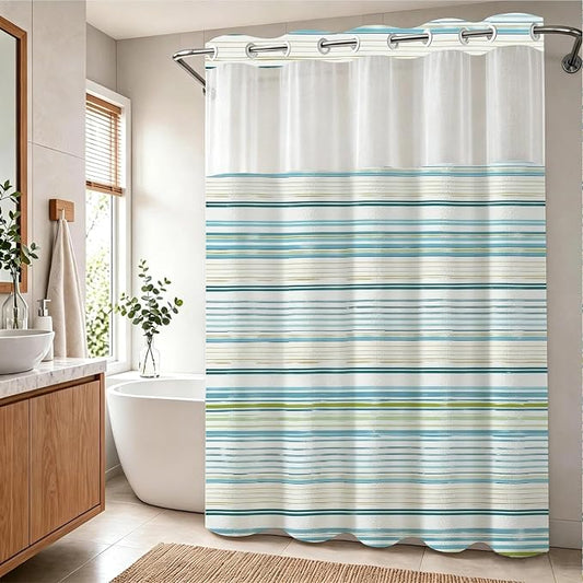 Luxury Abstract Modern No Hook Shower Curtain Aesthetic Striped Minimalist | Funky No Hook Shower Curtain with Snap in Liner, Waterproof Ringless Shower Curtains for Bathroom 72x74 Inch Blue White