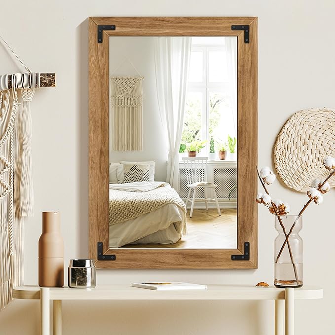 Wood Framed Bathroom Vanity Mirror for Wall, 24"x36" Farmhouse Mirror | Solid Wood Frame, HD Shatterproof Glass, Vertical/Horizontal Hanging, Ideal for Bathroom, Living Room, Bedroom