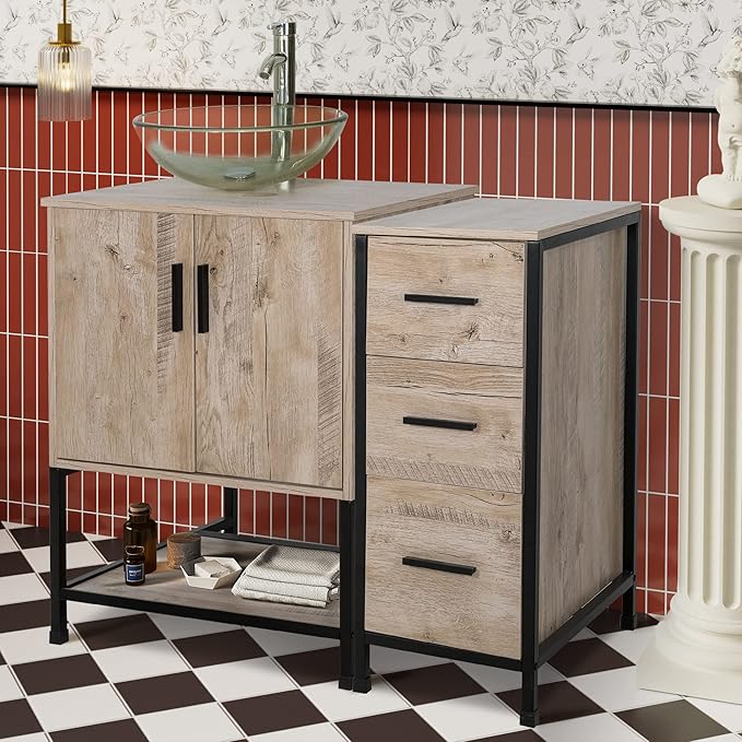 UEV 36" Bathroom Vanity, Oak Color Bathroom Vanity Set with Sink and 3 Drawers Side Cabinet Combo, with Adjustable Water Temperature Faucet (A16)