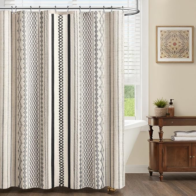 Dark Brown Shower Curtain,Boho Linen Shower Curtain for Bathroom with Striped Print,72" W x 72" L