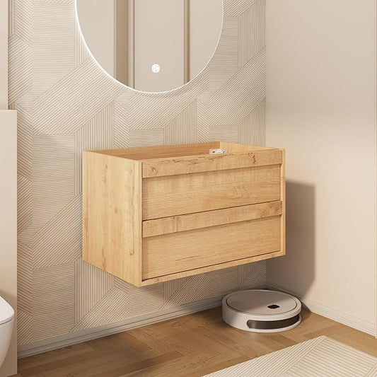 eclife 30" Floating Bathroom Vanity Sink Combo, Wall Mounted Modern Minimalist Storage Cabinet with 2 Drawers, Exclude Sink, Faucet & Drain, Natural