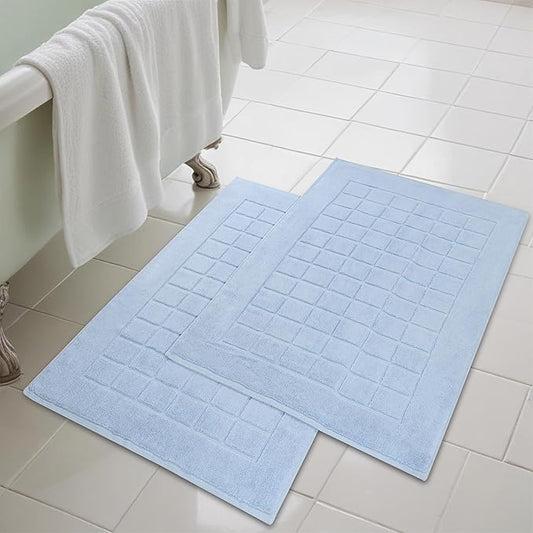 Superior 100% Cotton Bathmat Set, Bath Mats, Bathroom Decor, Shower, Bathtub Essentials, Home Accessories, Small Washable Rug, No Backing, Heavyweight, Nora Collection, Set of 2, 22" x 35", Light Blue