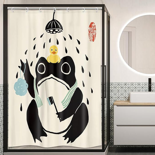 LGhtyro Funny Frog Retro Shower Curtain Bathroom Set 48Wx71H Inches Cute Asian StyleTraditional Japanese Animal Rubber Duck Children Kids Bath Accessories Frog Art Home Decor Fabric 8 Pack Hooks