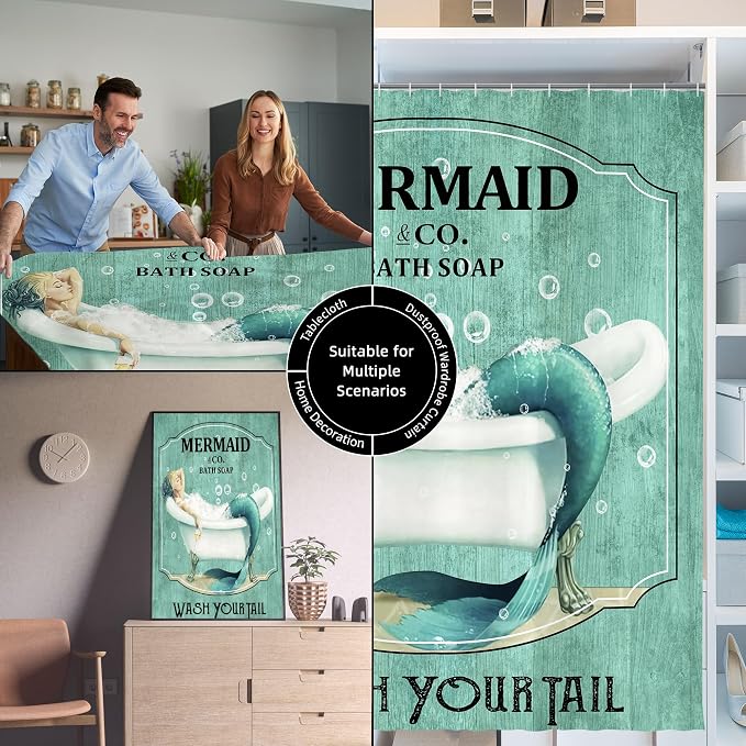 Teal Vintage Mermaid Shower Curtain for Bathroom 72W*72H Inch Little Teal Green Mermaid Wash Your Tail Bathtub Decor Funny Ocean Bathtub Bubbles Wood Aesthetic Waterproof Polyester Fabric