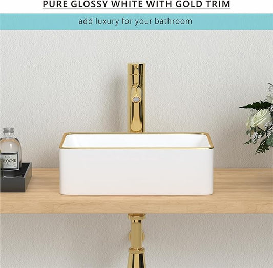 J-FAMILY 14.5'' x 10.6'' Small Vessel Sink Bathroom Above Counter White Porcelain Ceramic Rectangular Sink Gold Trim Decoration Small Vanity Sink Lavatory Wash Basin