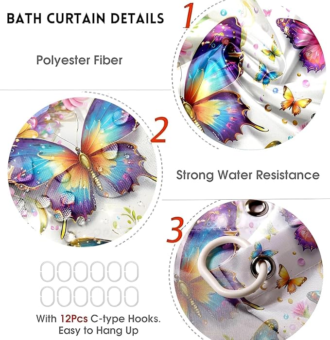 Chrainy 4pcs Colorful Butterfly Shower Cutain Set Bathroom Decor with Rugs | Bath Accessories with Waterproof Curtain, Bath Mat, Toilet Lid Cover, U-Shaped Rug and 12 Hooks for Washroom, 71*71in