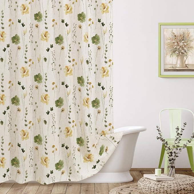 OliveGreen Linen Watercolor Floral Fabric Shower Curtain, 72x72 | Linen Fabric, Modern Minimalist Floral Print, Machine Washable, Rustproof Grommets, for Bathroom Home