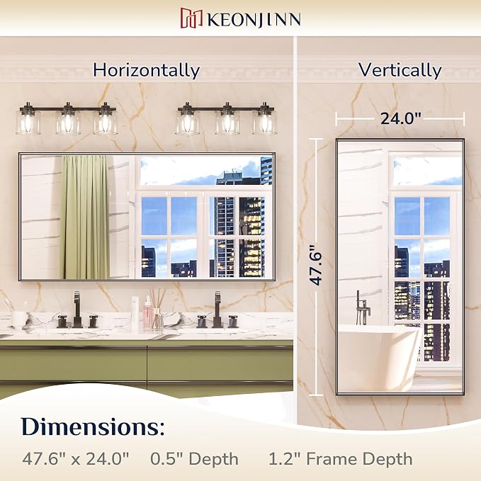 Keonjinn 48x24 Inch Black Bathroom Mirror for Over Sink, Square Corner | HD Tempered Glass, Vanity Mirror, Brushed Framed, Rectangular, Modern Farmhouse, Wall Mounted Mirrors, Aluminum Alloy