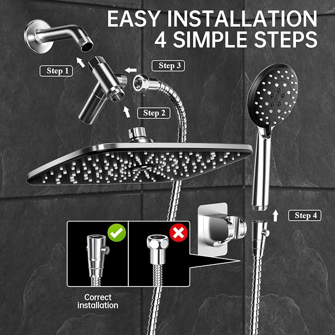 Veken 11.8“ Rain Shower Head with Handheld,Dual High Pressure Shower Heads | Easy Pause,5-mode Hand Held Spray with Hose,Wide Detachable Rainfall,Double Showerhead Combo,Bathroom Accessories,Chrome