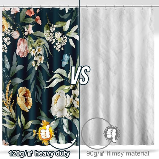 Amaredom Black Floral Shower Curtain, Colorful Flowers Shower Curtain for Bathroom, Waterproof Fabric Shower Curtain Set with 12 Hooks 72x72 Inches