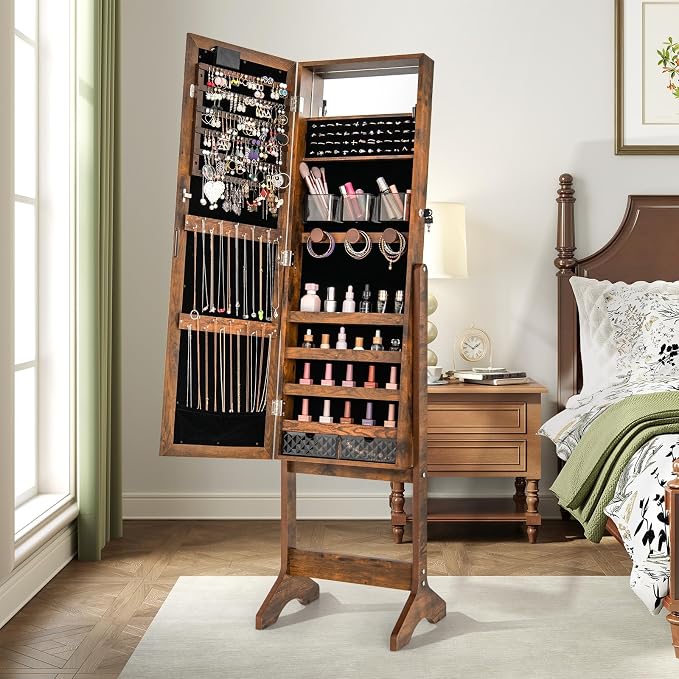 GOFLAME Jewelry Armoire Cabinet Standing, Lockable Full Length Mirror with Storage Shelves and 2 Drawers, Adjustable Tilt Angles, Stand Up Jewelry Box with Lighted Mirror (Rustic Brown)