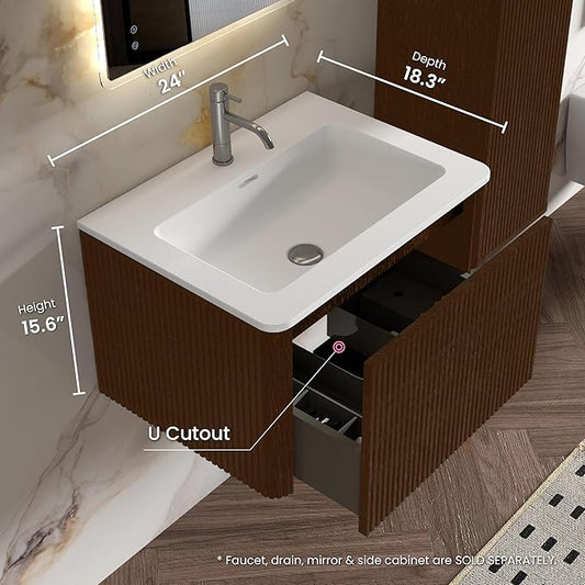 24" Bathroom Vanity with Sink, Modern Floating Vanity with Push Open Soft Close Drawer, Large Storage for Small Space, Hotel, Brushed Black Oak, Fully Assembled - Camellia Collection