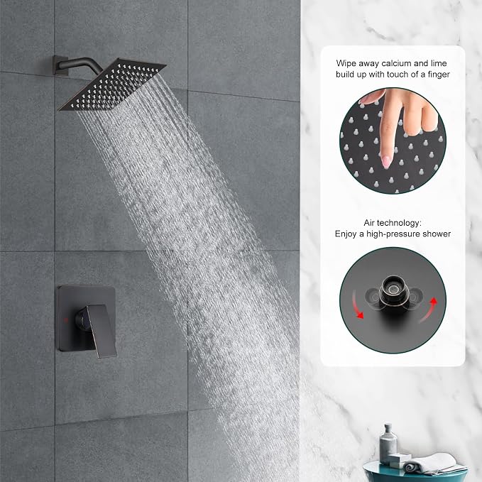 Heyalan 8 Inch Square Rain Shower Faucet Set with Valve, Oil Rubbed Bronze | Female-thread 1/2-inch NPT connections, SUS304 shower head, brass rough-in valve, single-handle control Shower Set