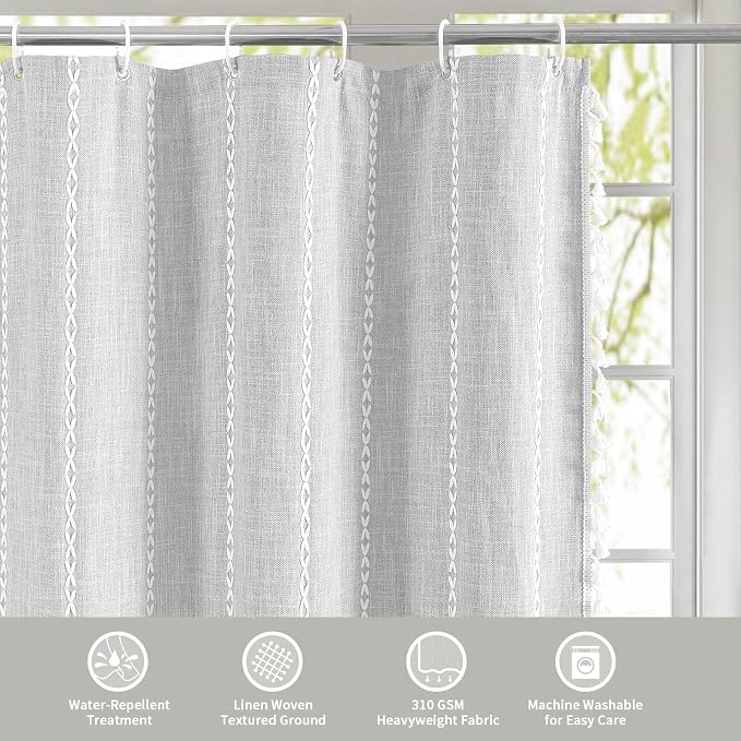 Farmhouse Tassel Linen Shower Curtain,3D Embroidery Stripe Light Grey,72x96 | Extra Long,310GSM Boho Texture Heavy Duty Cloth,Water Repellent,Wrinkle Resistant,Vintage Farmhouse Rustic,12 Plastic Hooks