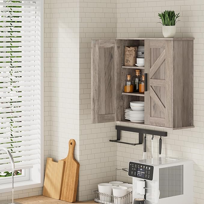 Bathroom Wall Cabinet, Over Toilet Storage Cabinet with Barn Doors and Adjustable Shelves, 3-Tier Medicine Cabinet Wall Mounted, for Bathroom, Kitchen, Entryway, Laundry Room, Greige, (7.9" D)