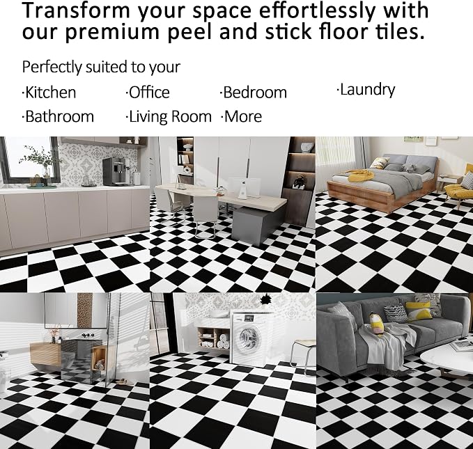 Lareko Black & White Vinyl Flooring Roll,11.8"X197",Peel & Stick Floor Tile | Covers 16 Sq.Ft,Checkered Marble Self-Adhesive Floor Sheet ,Waterproof,Removable,Wide Plank DIY For renters and Home Decor
