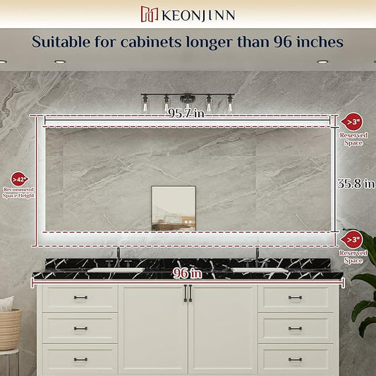 Keonjinn LED Backlit Mirror 96β x 36β Oversized Lighted Bathroom Mirror with UL Listed LED Driver, Large Stepless Dimmable Wall Mirror, Tempered Glass, CRI90+ Anti Fog Vanity Mirror with Backlights