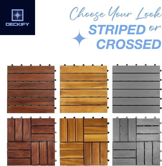 9-Piece Acacia Wood Interlocking Deck Tiles 12x12 in, Gray Striped | 6-Slat Wide Contact, Non-Slip Grip, 490 lb Capacity, Protective Oil-Rubbed Finish, Flat-Surface Install, Patio Ready