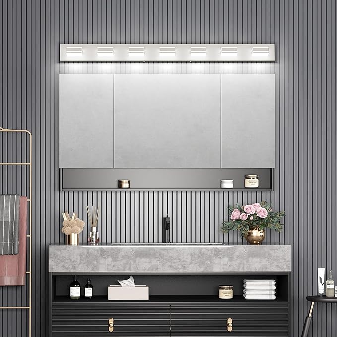 Ralbay 55inch Brushed Nickel Vanity Light for Bathroom 7-Light Metal Acrylic Modern LED Bathroom Light Fixtures