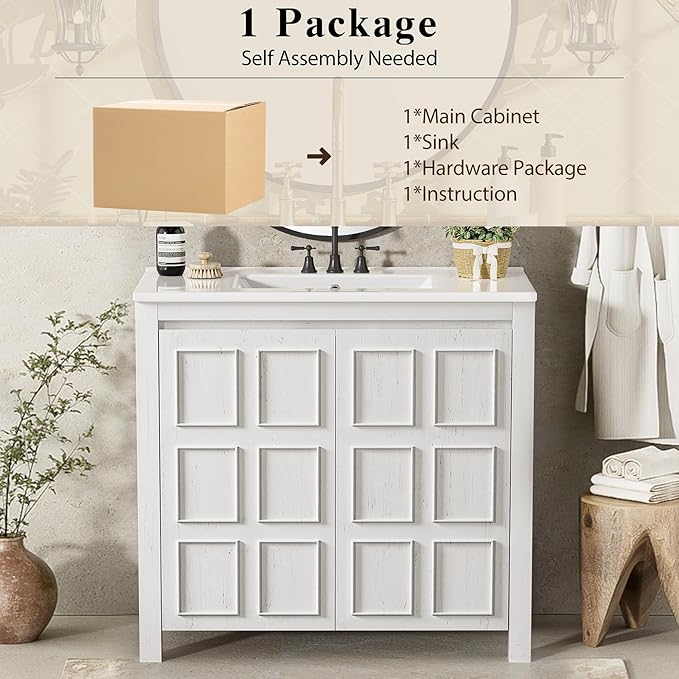36" Bathroom Vanity,Farmhouse Vanity with Ceramic Sink, Set Bathroom Storage Cabinet, Antique White