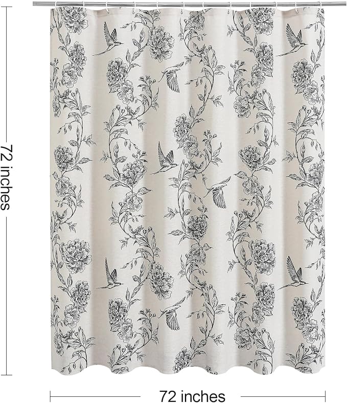 MitoVilla Black Cotton Boho Hummingbird Shower Curtains, 72 x 72 | Black Cottagecore Spring Shower Curtain for Bathroom, Modern Farmhouse French Country Bathroom Décor, 72x 72