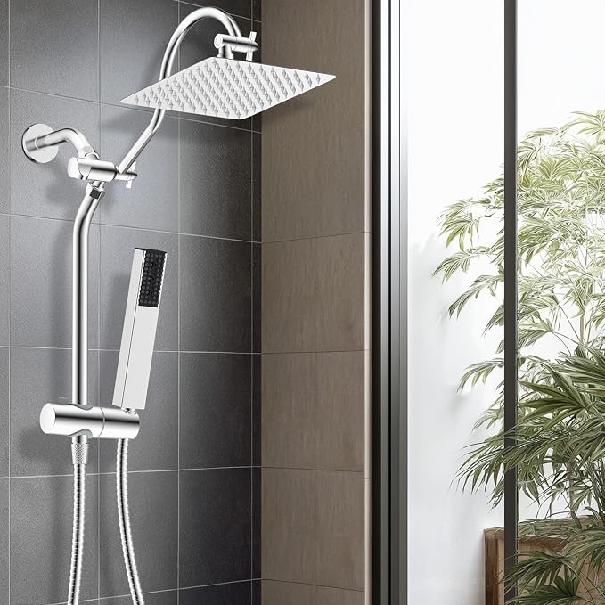 Hibbent 10'' Rainfall Shower Head with 4-mode Handheld Shower Spray, Chrome | cUPC Certified High Pressure Showerhead Combo, 12'' Adjustable Extension Arm, Extension Bar, Easy Reach Holder, 71'' Hose