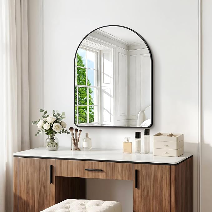 BONEWEI Arched Wall Mirror,30x36 inch Black Arched Mirror Bathroom,Vanity Mirror for Over Sink Metal Frame,Tempered Glass Arch Mirrors for Bedroom,Entryway,Living Room,Home Decor Shatter-Proof