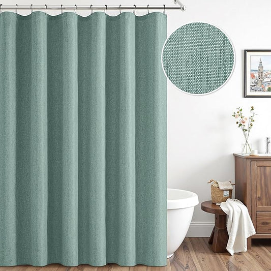 ANRODUO Extra Long Fabric Shower Curtain Set - Teal 72"x96" with 12 Rust Resistant Durable Metal Hooks, Waterproof & Linen Textured, Button Hole Design, Machine Washable for Bathroom Decor
