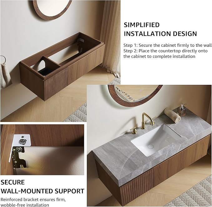 48” Floating Bathroom Vanity with Sink, Wall-Mounted Cabinet with Drawer & Doors, Gray Travertine-Pattern Sintered Stone Top, Undermount Basin, 3 Faucet Hole, Soft-Close, Pre-Assembled, Brown Oak