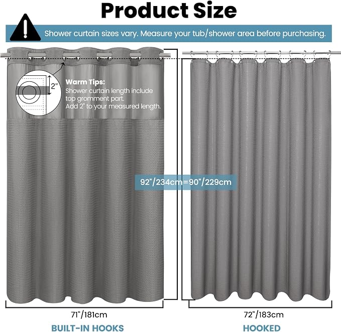 SORTTO No Hook Shower Curtain with Snap in Liner Set Waffle Shower Curtain for Bathroom Hotel Style Fabric Waterproof Inner Liner,71" W x 92" H, Grey