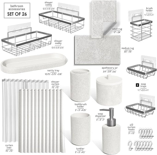 Clara Clark White Bathroom Set - Bathroom Sets with Shower Curtain and Rugs, 26PC Bathroom Accessory Set, Shower Curtain Set with Adhesive Corner Shower Caddy Hanging & Soap Dispenser