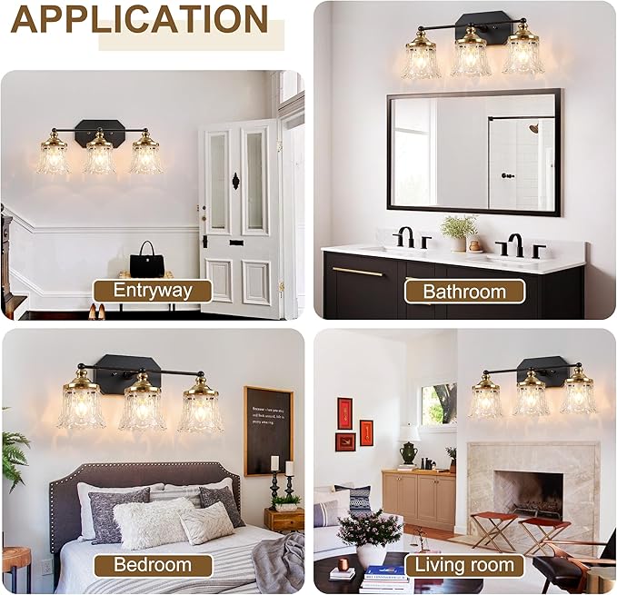 Vintage Bathroom Vanity Light Fixtures, Black and Gold 3-Light Vanity Light, Antique Bathroom Lighting Fixtures Over Mirror with Crystal Glass Shade, Vanity Lights for Bedroom Living Room Hallway