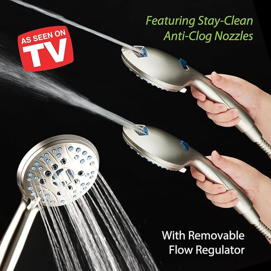 AquaCare 8-mode High Pressure Handheld Shower Head with 2-mode Power Wash | Stay Clean Nozzles, Dual Power Wash for Tub, Tile & Pets, Long 6 ft. Stainless Steel Hose, Wall & Overhead Brackets / Nickel
