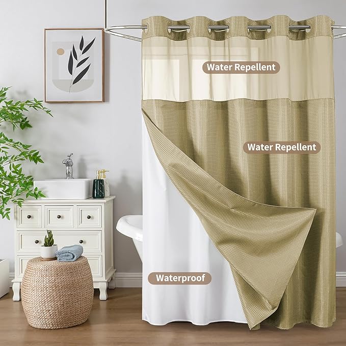 Colorful Star Beige No Hook Waffle Shower Curtain Set, 72" W x 81" L | Snap-In Fabric Liner, Mesh Top Window, Heavy-Duty Waffle Fabric, Waterproof Hotel Style Shower Curtain for Bathroom
