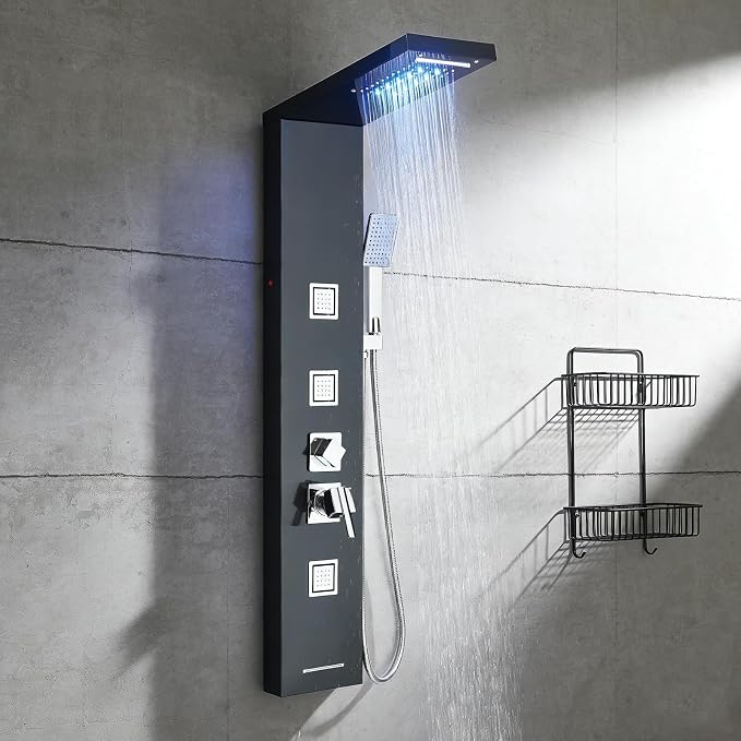 AlenArt Stainless Steel LED Shower Panel Tower System, Bathroom 5-Function Shower Panel Tower with LED Rainfall Waterfall Shower Head, Massage Jets, Tub Spout, Handheld Shower, Black-8126