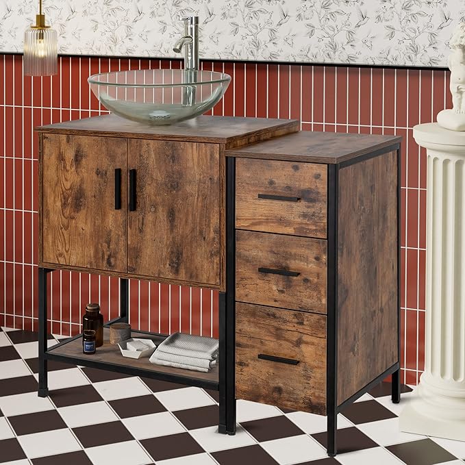 UEV 36" Antique Bathroom Vanity, Dark Brown Bathroom Vanity Set with Sink and 3 Drawers Side Cabinet Combo, Iron Wood Bathroom Cabinet with Adjustable Water Temperature Faucet (A16)