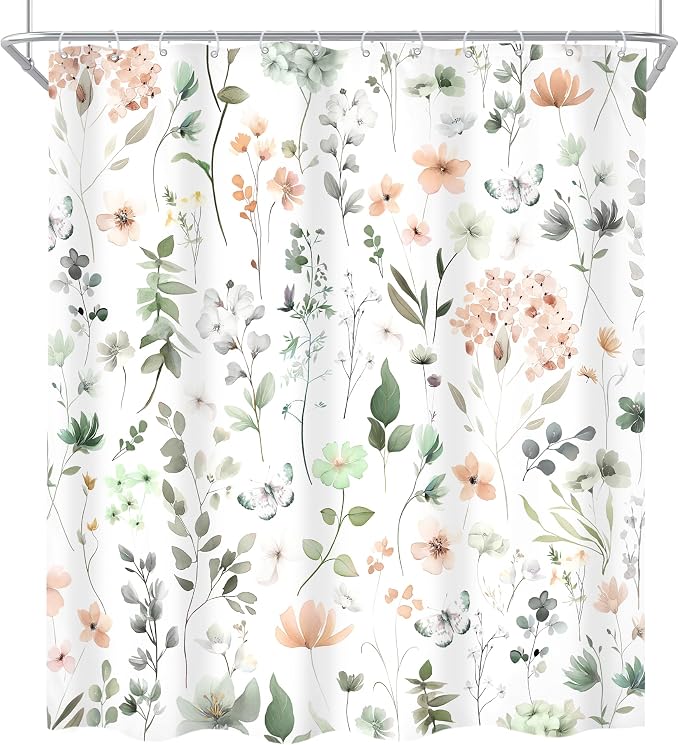 Cute Green Pink Floral Wildflower Watercolor Bathroom Shower Curtain Set | 60"W x 72"H Boho Butterfly; waterproof HD print, quick-dry fabric and plastic hooks for easy setup.