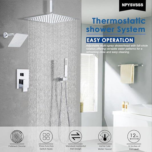 Shower System Dual Shower Heads with 12" Ceiling Mounted Rain Shower Head & 6" Wall Mounted Head Full Body Luxury Rain Shower System 3 Way Pressure Balance Valve Kit, Polished Chrome
