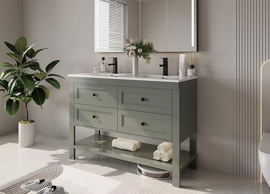 eclife 48" Bathroom Vanity with Sink Combo, Modern Painted Vanities Cabinet with Big Drawers, Opening Bottom Shelf, Raised Foot Pads, Include Undermount White Sink, Faucet & Drain, Green