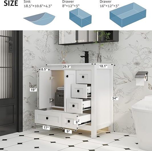 eclife 30" Bathroom Vanities with Sink Combo, Modern Thickened Wood Bathroom Storage Cabinet w/Undermount Sink, Matte Black Faucet Drain, Painted Surface, White