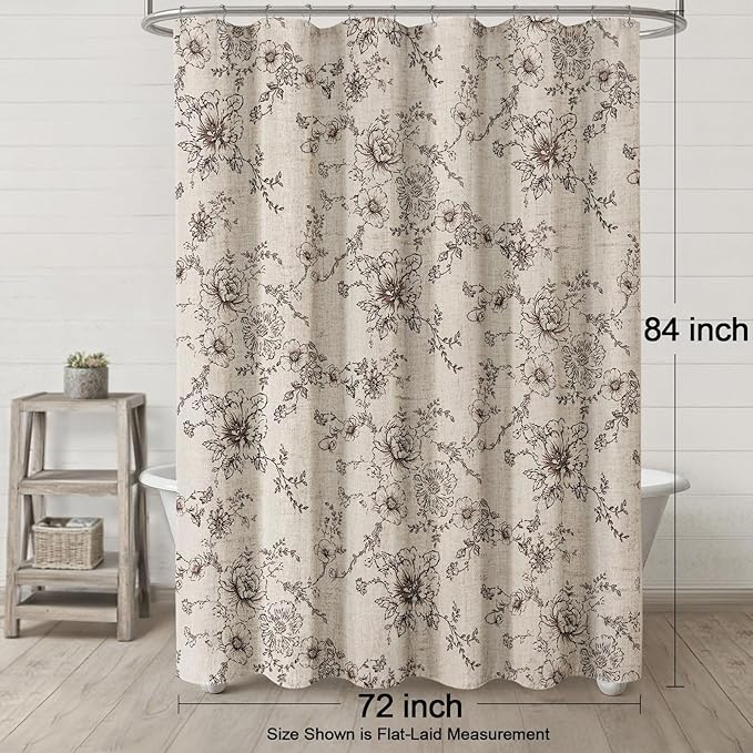 Farmhouse Floral Vintage Shower Curtain for Bathroom, Brown and Tan Taupe | 72" W x 84" L, Fall Elegant Boho Pattern Bath Curtain, Linen Fabric