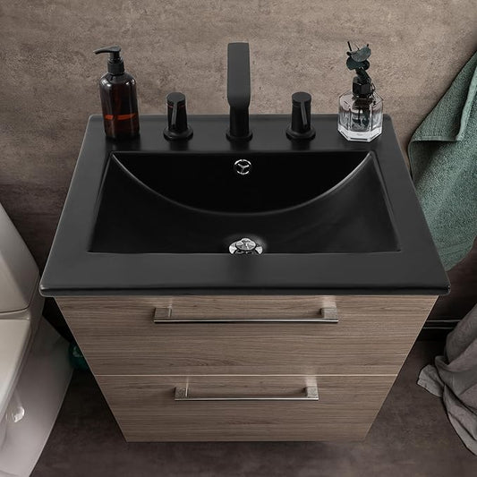 JONATHAN Y Ancillary 20" Bathroom 3-Hole Sink Top, Black | Ceramic Vanity, 18.25" Rectangular Single Basin, Matte Finish, 8" Centerset Faucet Holes, Overflow Drain, Contemporary Style