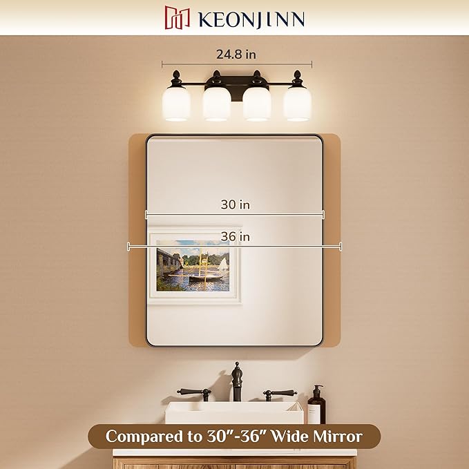 Keonjinn Brushed Nickel Bathroom Light Fixtures, 4-Light Vintage Vanity Lights for Mirror with Frosted Glass Shades, UL Listed E26 Base Reversible Vanity Lighting Fixtures for Wall(Bulbs Not Included)