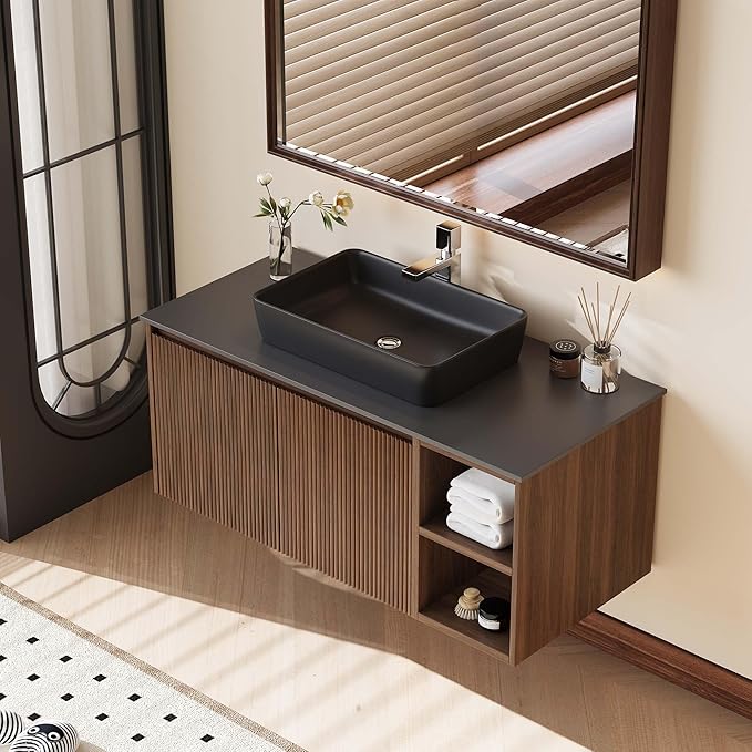 36" Modern Floating Bathroom Vanity with Single Sink - Wall Mounted Storage Bathroom Cabinet with Black Sintered Stone Countertop| Large Storage Space & Open Shelves, Dark Wood