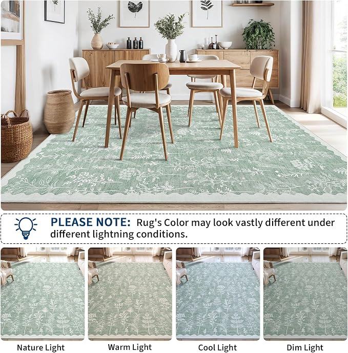 GarveeHome Washable 5x7 Rugs for Living Room Floral Scalloped Bedroom Area Rug, Non-Slip Dining Table Solid Neutral Throw Mat, Botanical Area Rug Carpet for Entry Basement Dorm Farmhouse, Green