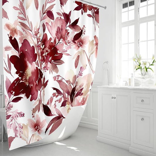 Burgundy Red Floral 60x72 Watercolor Flower Shower Curtain for Bathroom | Modern Abstract Ink Decorative Fabric Shower Curtain Set with Hooks