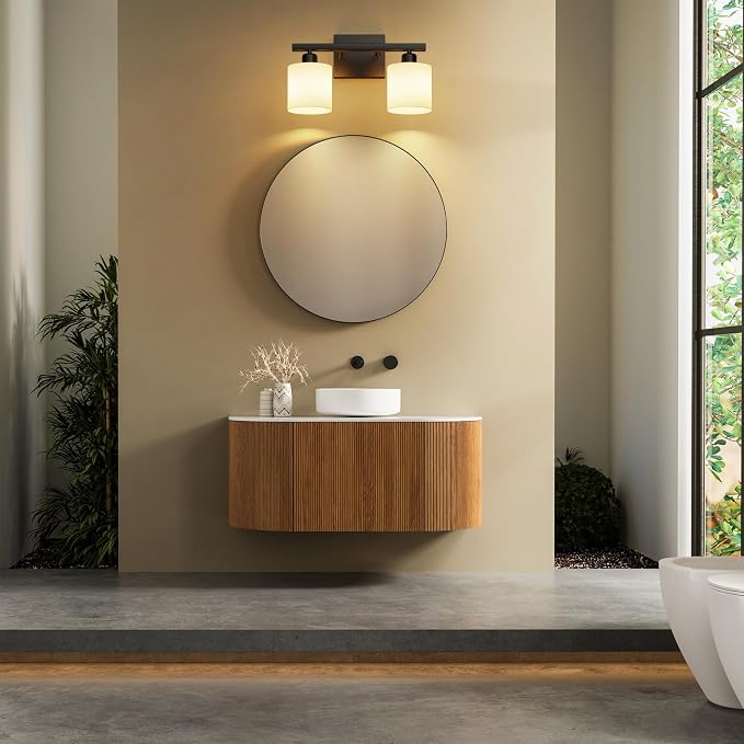Bathroom Light Fixtures, Bathroom Lighting Fixtures Over Mirror, Interior Classic Vanity Lights, Modern Vanity Light with Textured White Glass Shade, Matte Black, 2-Light