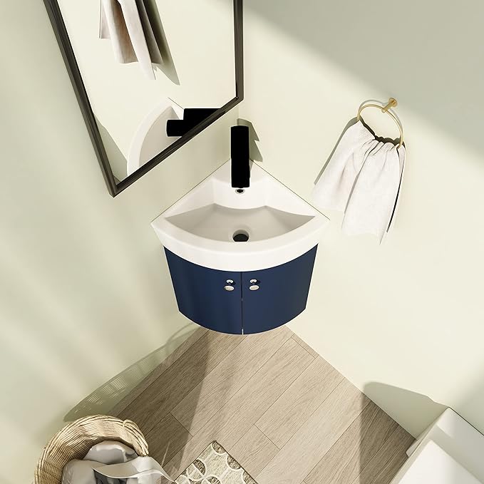 13" Bathroom Vanity with Sink, 13 Inch Floating Bathroom Vanity for Small Space, Modern Bathroom Vanity, Blue Wall Mounted Cabinet Set NB-053